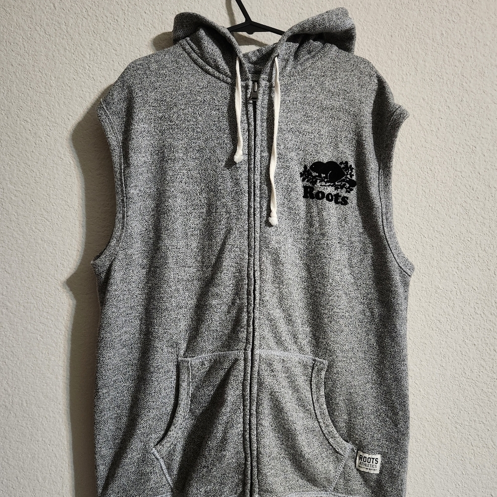 Roots Canada Full-zip Hooded fleece vest grey “salt and pepper” Men’s medium